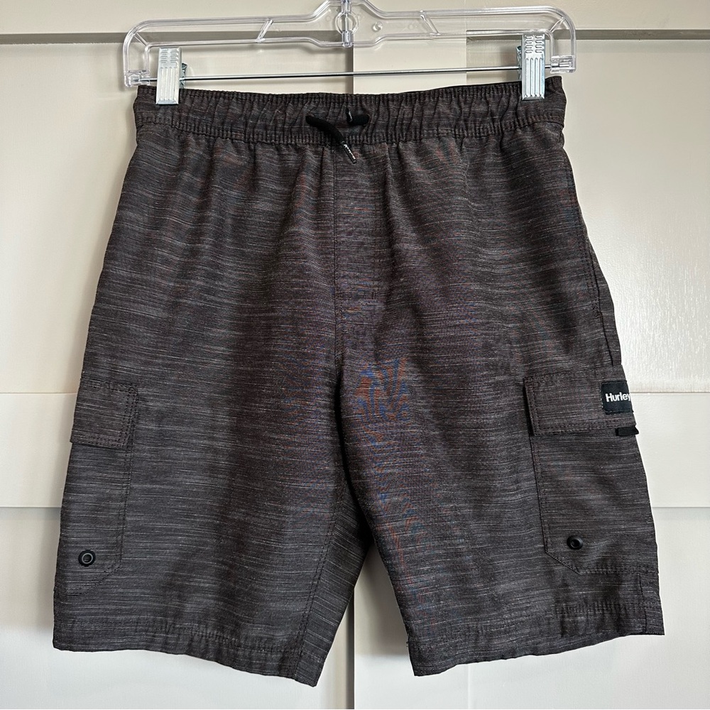Hurley Hybrid Shorts Pockets Heathered Brown H2O Dri Summer Boys Med 10/12 Yrs